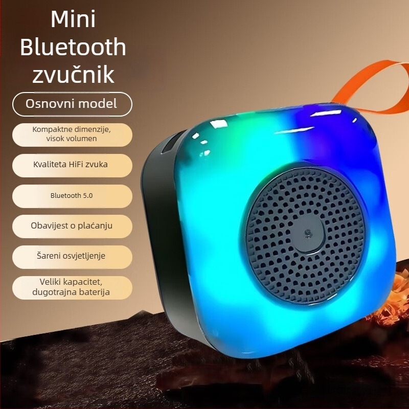 Prijenosni mini Bluetooth zvučnik za vani — 5W izlaz, USB napajanje, ugrađena baterija 800–1000 mAh, frekvencijski odziv 60 Hz–15 kHz, SNR ≥70 dB, model X16