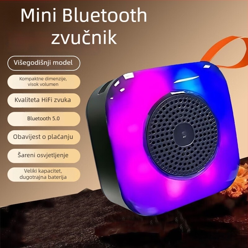 Prijenosni mini Bluetooth zvučnik za vani — 5W izlaz, USB napajanje, ugrađena baterija 800–1000 mAh, frekvencijski odziv 60 Hz–15 kHz, SNR ≥70 dB, model X16