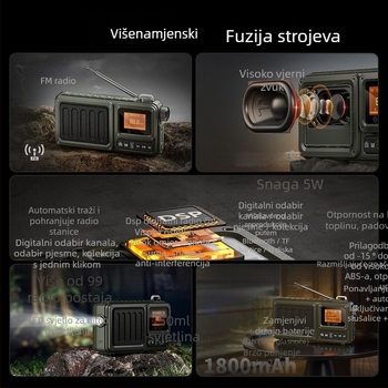 Višenamjenski Bluetooth zvučnik s utorom za karticu, subwooferom, radiom i svjetiljkom, prikaz stihova; 5W napajanje USB, 5V, zamjenjiva baterija 1200–2000 mAh, 1 zvučnik, frekvencijski raspon 100 Hz–20 kHz, SNR ≥70 dB, domet do 10 m, ABS kućište