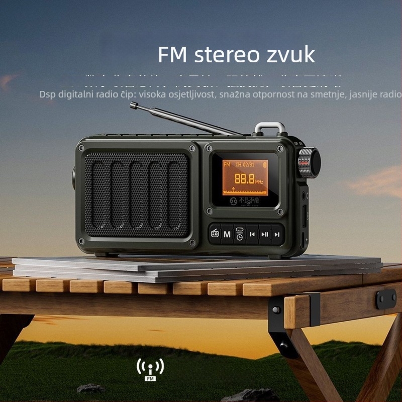 Višenamjenski Bluetooth zvučnik s utorom za karticu, subwooferom, radiom i svjetiljkom, prikaz stihova; 5W napajanje USB, 5V, zamjenjiva baterija 1200–2000 mAh, 1 zvučnik, frekvencijski raspon 100 Hz–20 kHz, SNR ≥70 dB, domet do 10 m, ABS kućište