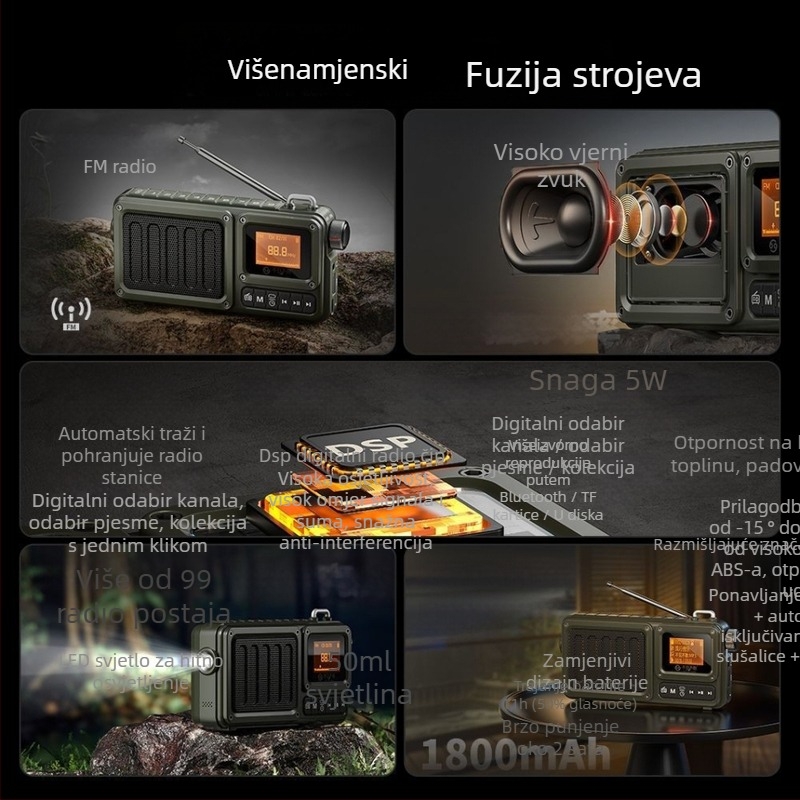 Višenamjenski Bluetooth zvučnik s utorom za karticu, subwooferom, radiom i svjetiljkom, prikaz stihova; 5W napajanje USB, 5V, zamjenjiva baterija 1200–2000 mAh, 1 zvučnik, frekvencijski raspon 100 Hz–20 kHz, SNR ≥70 dB, domet do 10 m, ABS kućište