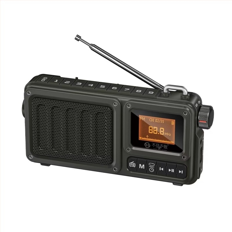 Višenamjenski Bluetooth zvučnik s utorom za karticu, subwooferom, radiom i svjetiljkom, prikaz stihova; 5W napajanje USB, 5V, zamjenjiva baterija 1200–2000 mAh, 1 zvučnik, frekvencijski raspon 100 Hz–20 kHz, SNR ≥70 dB, domet do 10 m, ABS kućište