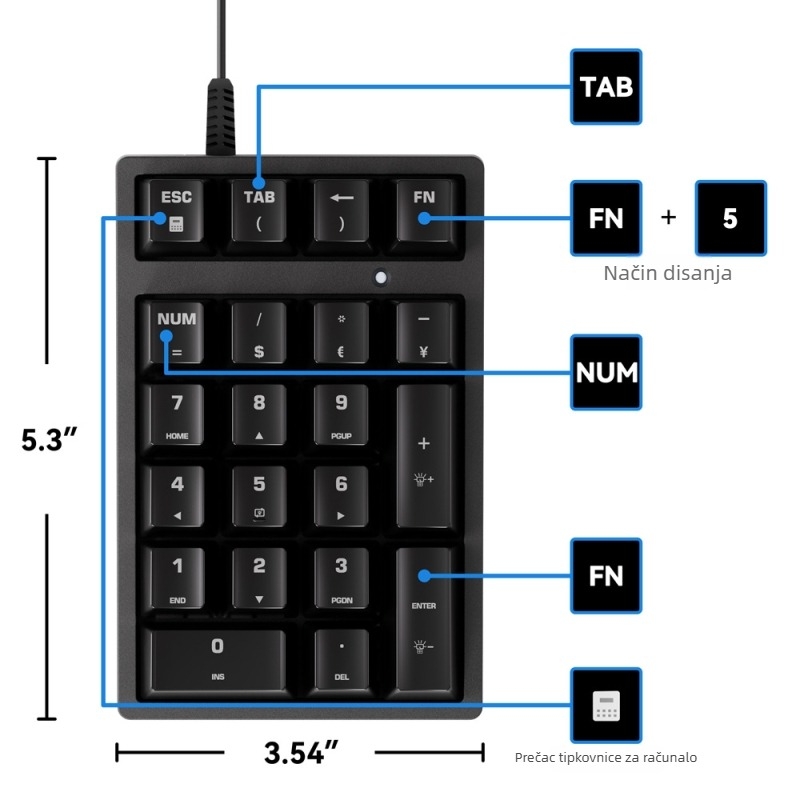 21-tipkovnica s mehaničkim numeričkim tipkama, USB, RGB pozadinsko osvjetljenje, vodootporna konstrukcija