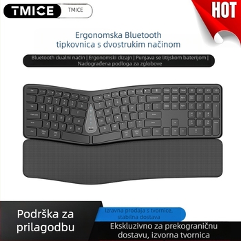 Bluetooth ergonomski set tipkovnice i miša s podrškom za zapešće, 111 tipki, punjiva tipkovnica, povezivanje s dva uređaja, vodootporan