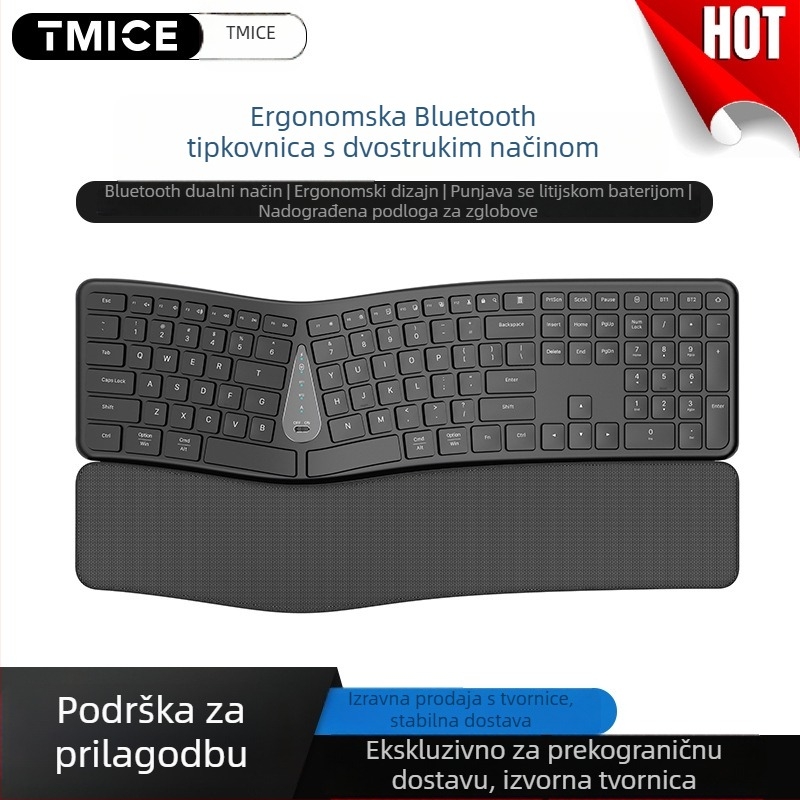 Bluetooth ergonomski set tipkovnice i miša s podrškom za zapešće, 111 tipki, punjiva tipkovnica, povezivanje s dva uređaja, vodootporan