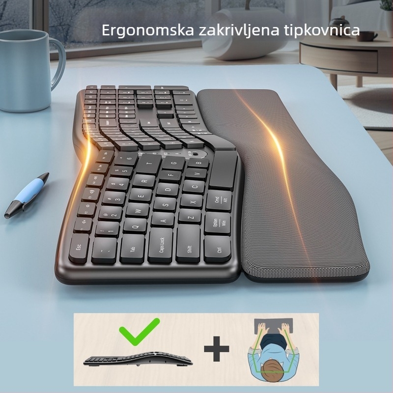 Bluetooth ergonomski set tipkovnice i miša s podrškom za zapešće, 111 tipki, punjiva tipkovnica, povezivanje s dva uređaja, vodootporan