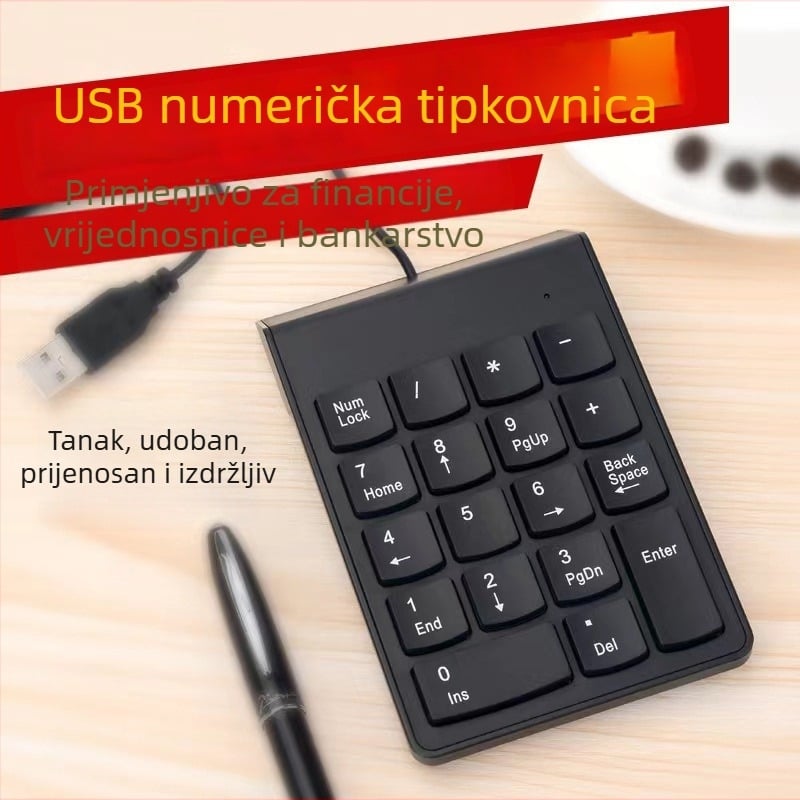Žičana numerička tipkovnica s 18 tipki, ABS materijal, kabel duljine 1,35 m, kompaktne dimenzije 140×85×8 mm