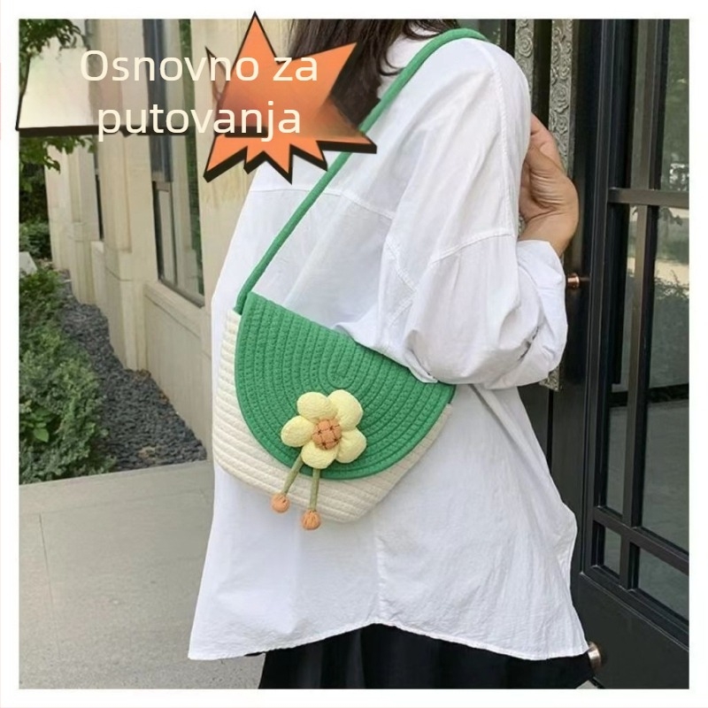 Slamnata pletena torba za žene — casual stil, pamuk, cvjetni detalj, nosenje na ramenu ili crossbody, proljeće 2025
