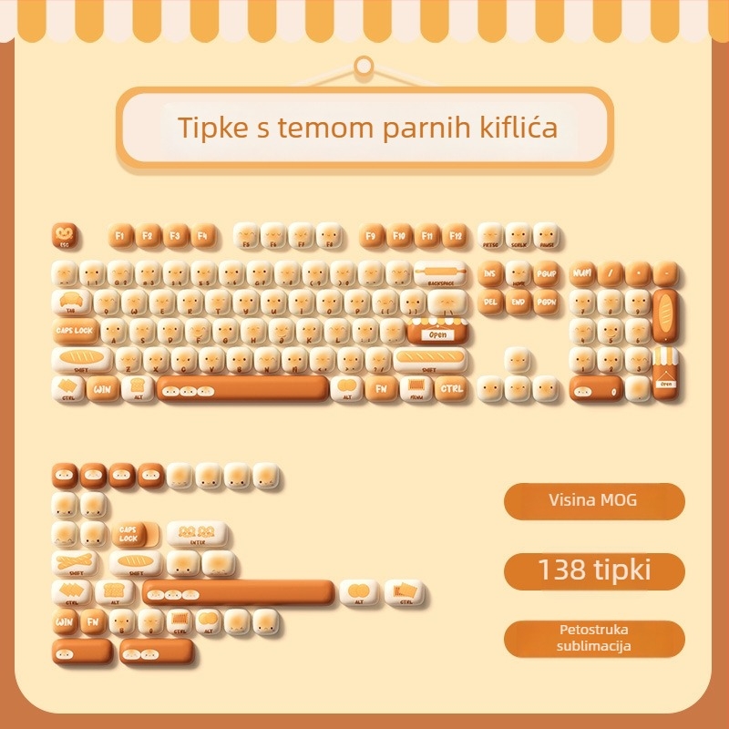 Set kapica za mehaničku tipkovnicu, tema Steamed Bread Paradise, križno oblik kapica, više od 98 tipki, petostruka toplinska sublimacija, univerzalna kompatibilnost