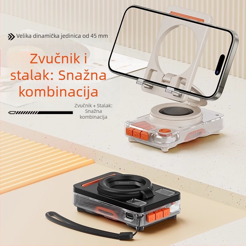 M2 sklopivi Bluetooth zvučnik sa držačem za telefon, 5W, Bluetooth 5.3, ugrađena baterija 1200–2000 mAh, frekvencijski odziv 20 Hz–20 kHz