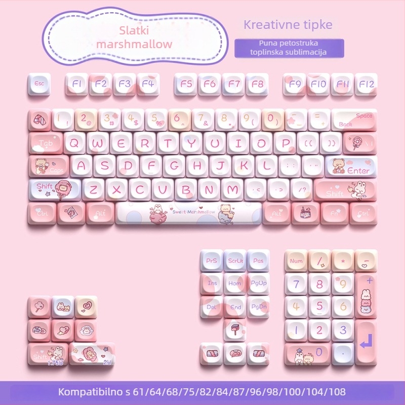 Set kapica za tipke za mehaničku tipkovnicu, petostruka sublimacija, PBT materijal, 112/120 tipki, prilagodljiv, kompatibilan s većinom mehaničkih tipkovnica