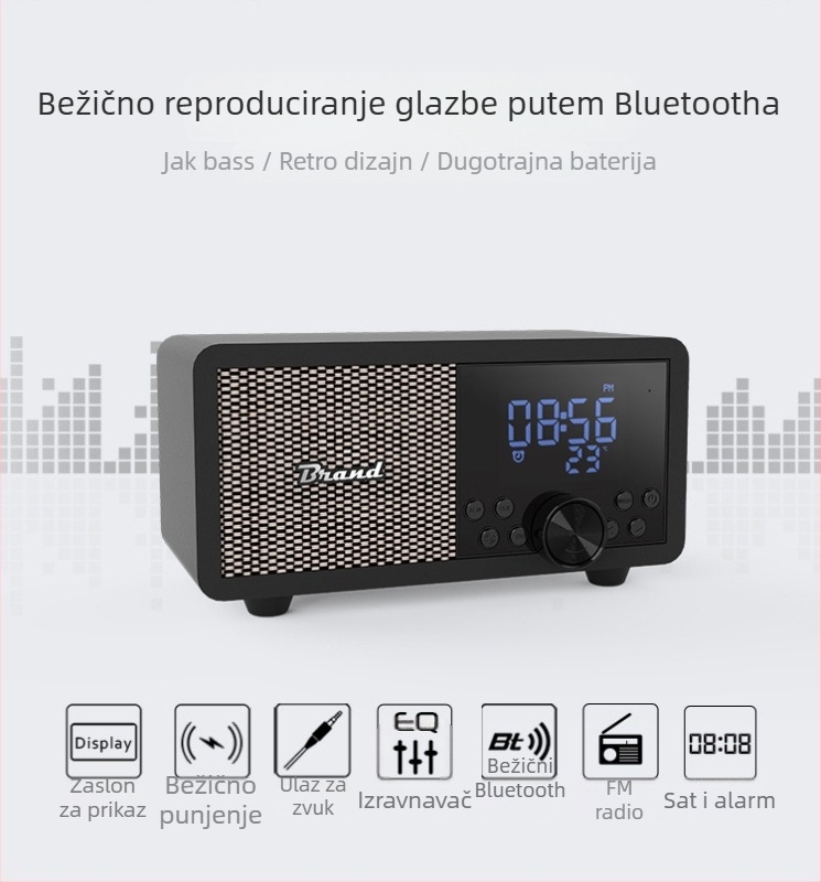 Shaba FM radio bežični drveni Bluetooth zvučnik sa alarma i čitačem kartica, 5W, Bluetooth 5.1, 100Hz-20kHz, SNR ≥75dB, domet 10 m