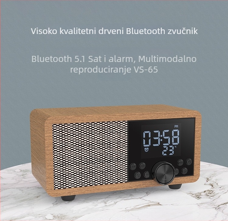 Shaba FM radio bežični drveni Bluetooth zvučnik sa alarma i čitačem kartica, 5W, Bluetooth 5.1, 100Hz-20kHz, SNR ≥75dB, domet 10 m