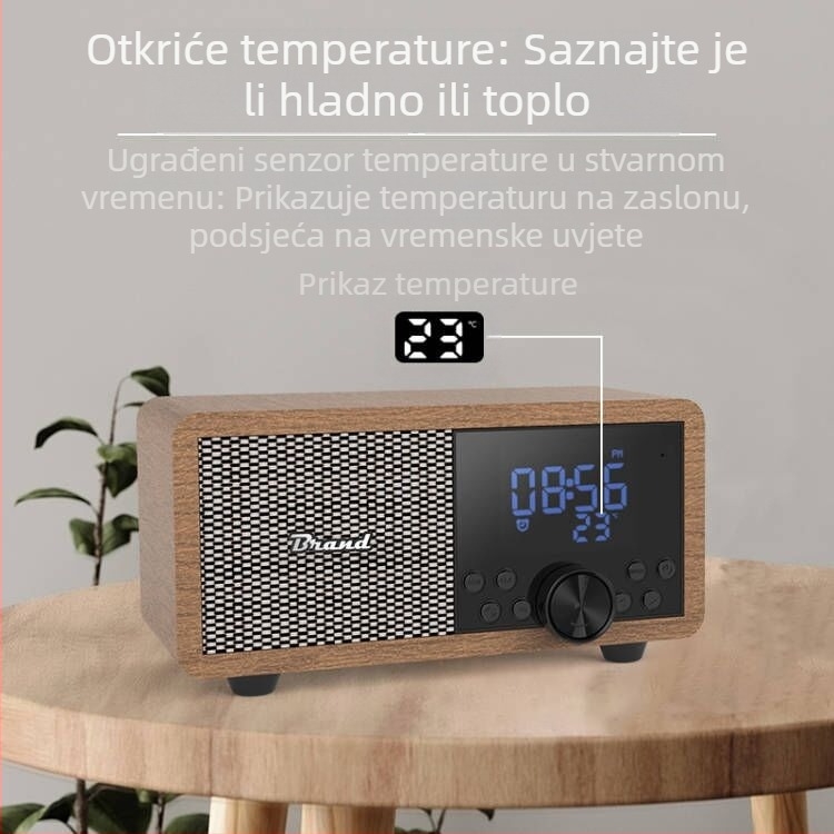 Shaba FM radio bežični drveni Bluetooth zvučnik sa alarma i čitačem kartica, 5W, Bluetooth 5.1, 100Hz-20kHz, SNR ≥75dB, domet 10 m