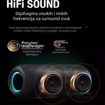 Prijenosni Bluetooth zvučnik s dubokim basom, Bluetooth 5.3, snaga 10W, IPX5 vodootporno, ugrađena baterija 4000–6000 mAh, raspon frekvencija 20 Hz–20 kHz