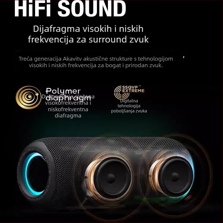 Prijenosni Bluetooth zvučnik s dubokim basom, Bluetooth 5.3, snaga 10W, IPX5 vodootporno, ugrađena baterija 4000–6000 mAh, raspon frekvencija 20 Hz–20 kHz