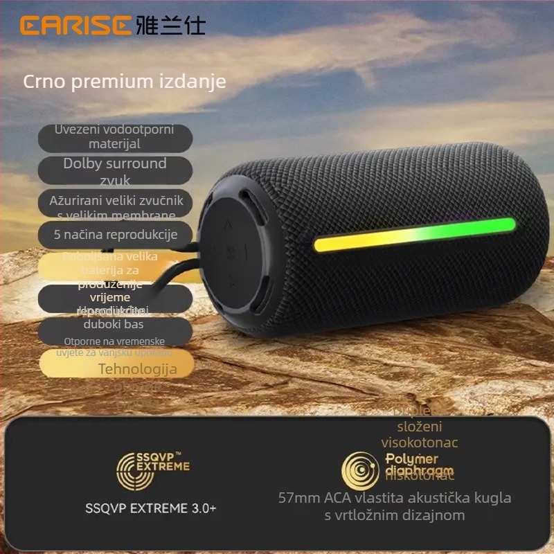Prijenosni Bluetooth zvučnik s dubokim basom, Bluetooth 5.3, snaga 10W, IPX5 vodootporno, ugrađena baterija 4000–6000 mAh, raspon frekvencija 20 Hz–20 kHz