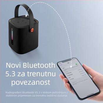 Prijenosni Bluetooth zvučnik s tekstilnim kućištem za stolnu i vanjsku upotrebu, 10W, IPx3, Bluetooth 5.3, ugrađena baterija 1200-2000mAh, raspon frekvencija 100Hz-20kHz