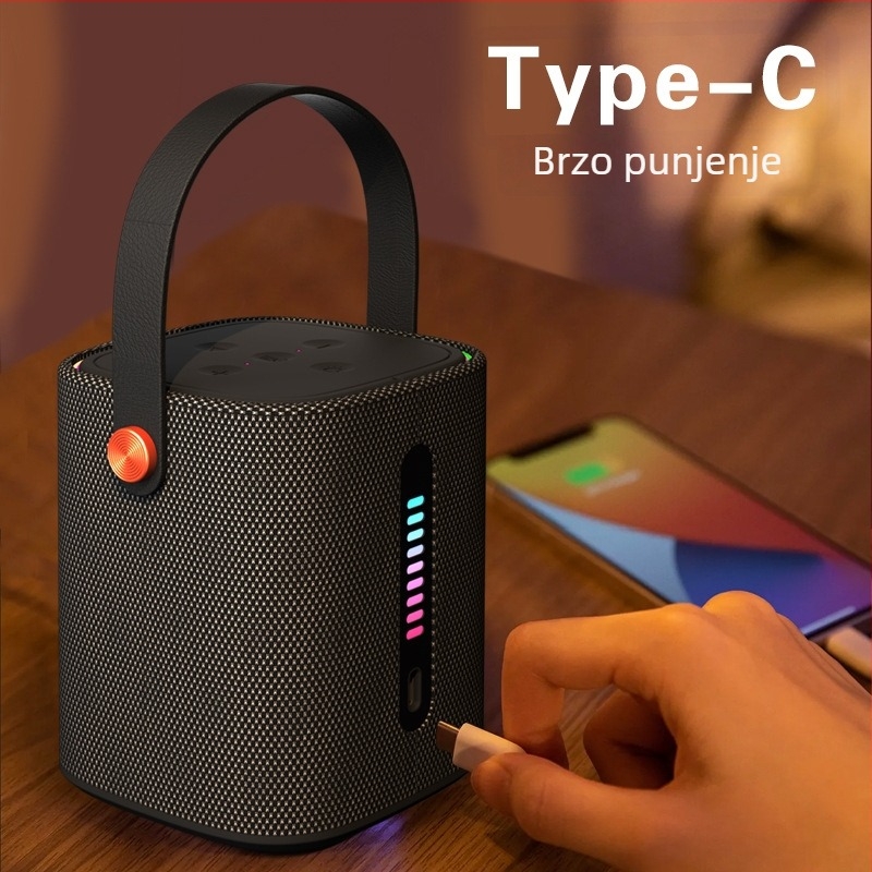 Prijenosni Bluetooth zvučnik s tekstilnim kućištem za stolnu i vanjsku upotrebu, 10W, IPx3, Bluetooth 5.3, ugrađena baterija 1200-2000mAh, raspon frekvencija 100Hz-20kHz