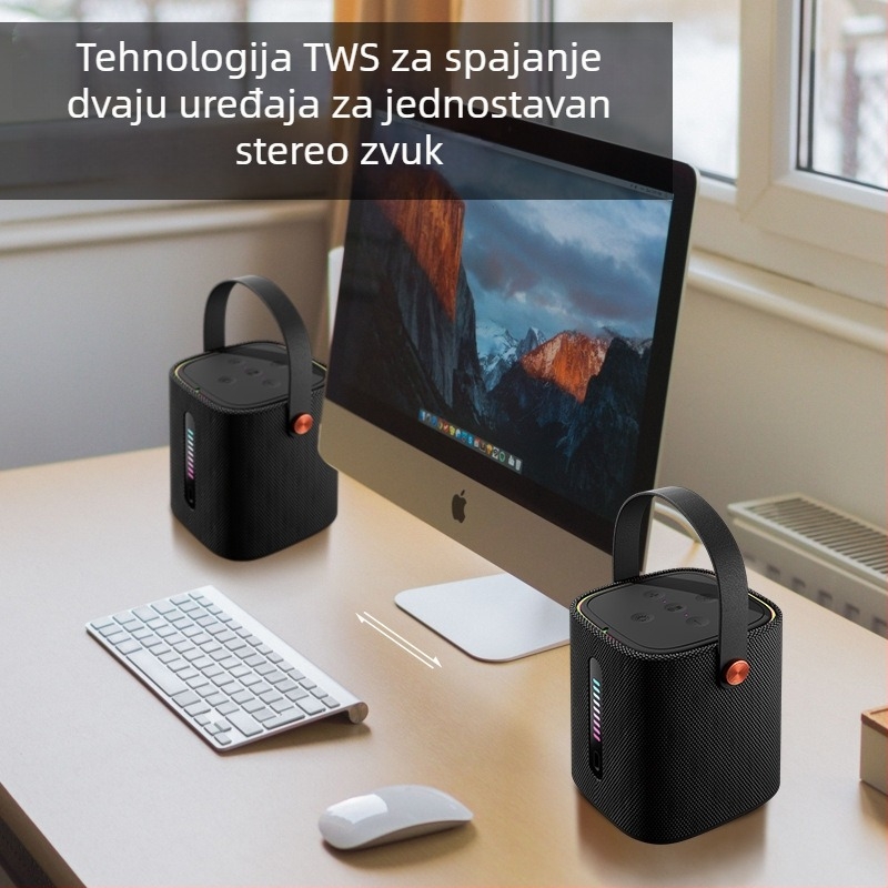 Prijenosni Bluetooth zvučnik s tekstilnim kućištem za stolnu i vanjsku upotrebu, 10W, IPx3, Bluetooth 5.3, ugrađena baterija 1200-2000mAh, raspon frekvencija 100Hz-20kHz
