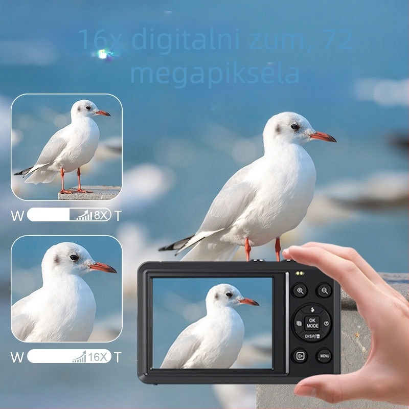 Selfie kamera s 16MP CMOS senzorom, rezolucija 4608×2560, 2,8-inčni LCD zaslon, 16x digitalni zum, TF kartično skladištenje