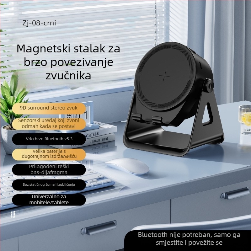 Bluetooth zvučnik s LED svjetlima i stalkom za stol – ugrađena baterija 1000–1200 mAh, Bluetooth 5.3, frekvencijski odziv 20 Hz–20 kHz, SNR ≥85 dB, domet do 10 m