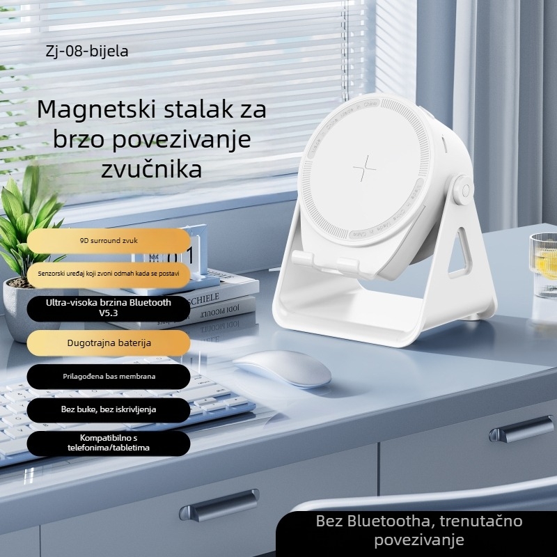 Bluetooth zvučnik s LED svjetlima i stalkom za stol – ugrađena baterija 1000–1200 mAh, Bluetooth 5.3, frekvencijski odziv 20 Hz–20 kHz, SNR ≥85 dB, domet do 10 m