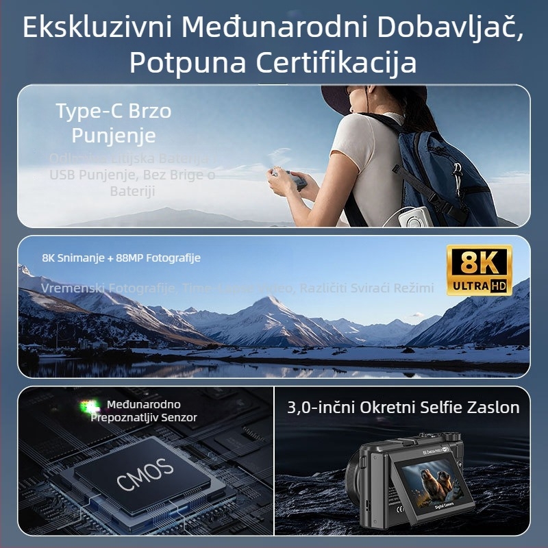 Wd300 bez ogledala digitalni fotoaparat — CMOS senzor 48 MP, rotirajući LCD 3,0″, 18× digitalni zum, Wi‑Fi, maksimalna rezolucija 7168×4032
