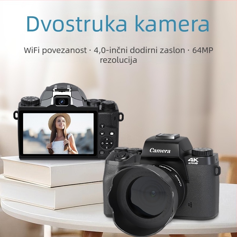 Digitalna kamera s CMOS senzorom od 64 MP, senzor 1/2.8, dodirni zaslon od 4,0 inča, 16x digitalni zum, maksimalna rezolucija 3840x2160, periskopski objektiv