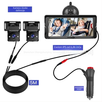 Automobilski monitor za bebu s dvostrukom lećom, noćni vid, AHD1080P, IPS zaslon, dvokanalni ulaz