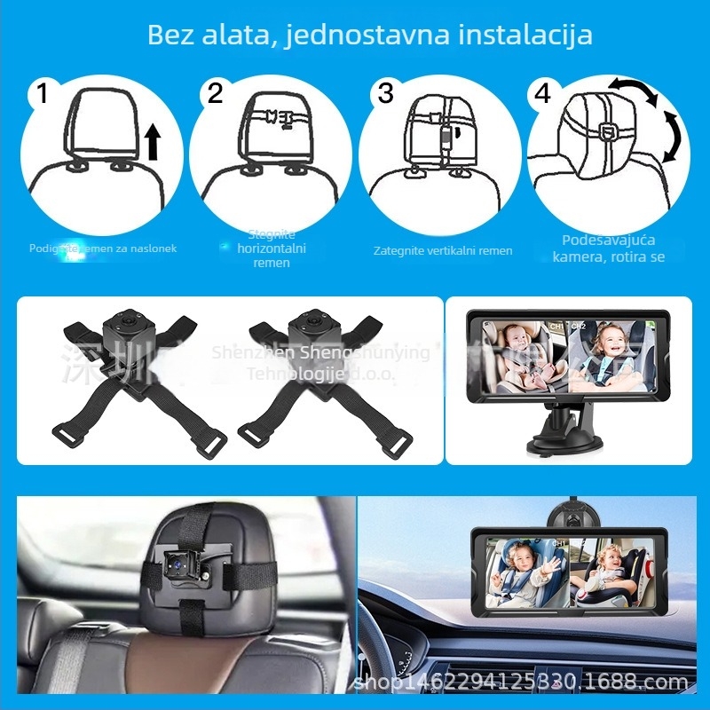 Automobilski monitor za bebu s dvostrukom lećom, noćni vid, AHD1080P, IPS zaslon, dvokanalni ulaz