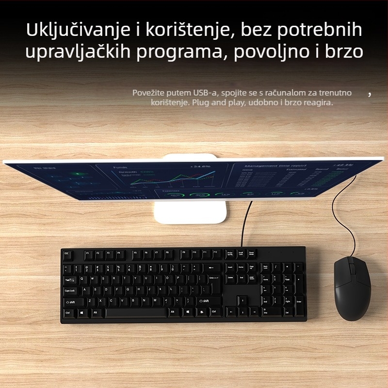 Set tipkovnice i miša, USB kabelski, 1000 DPI, ergonomski dizajn, vodootporan, pogodan za prijenosno računalo, kućnu i uredsku upotrebu