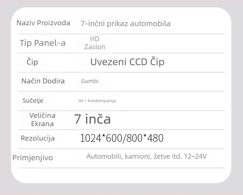 Automobilski LCD zaslon 7003, LED zaslon, rezolucija 800x480/1024x600, kompatibilnost s N/P sustavima, analogni ulaz