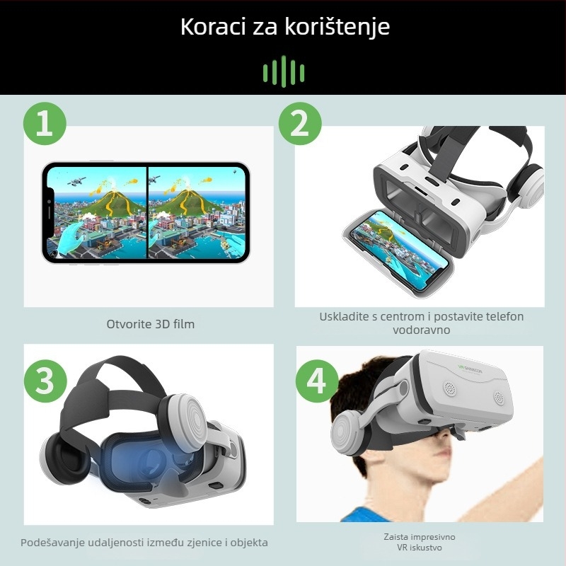 All-in-One VR headset za mobitel s ugrađenim slušalicama, 3D podrška, zaslon 4.7–7.2 inča, plastično kućište