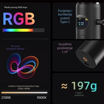 Prijenosno RGB svjetlo za fill pri vanjskoj portretnoj fotografiji (RGB LED; ugrađena baterija; snaga < 10 W; napon 5 V; boja temperatura 2500–9900 K)