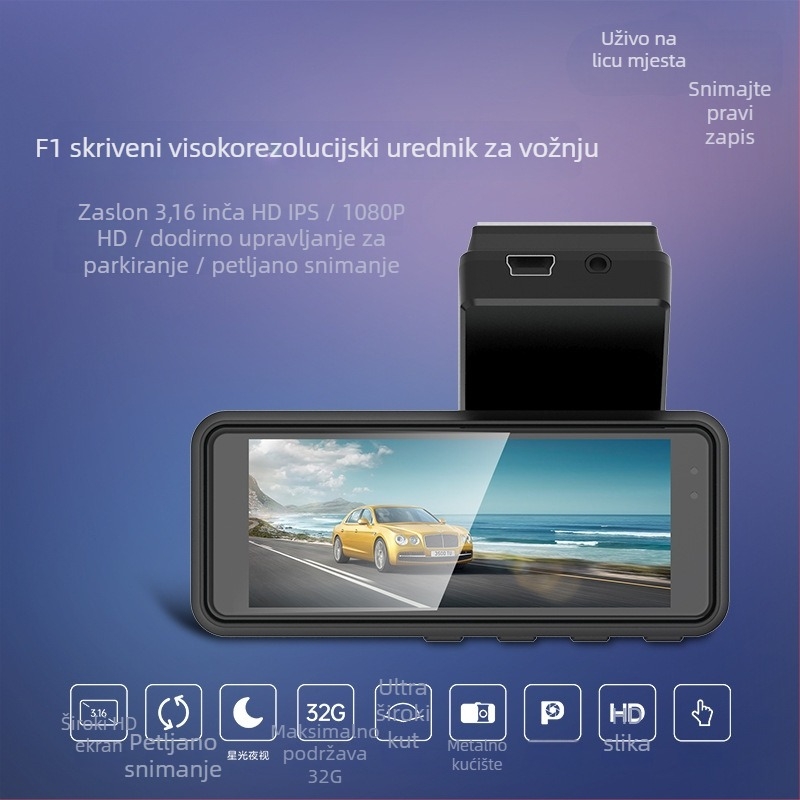 Automobilska dash kamera s dvostrukim objektivom (skrivena), 1080p HD, 3,16-inčni dodirni zaslon, 170° široki kut, podržava TF karticu do 64GB