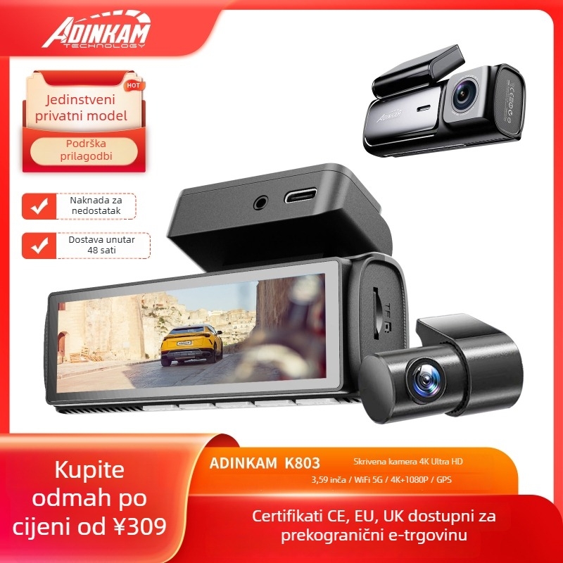 4K automobilni videoregistar s noćnim vidom, prednji i stražnji snimak, GPS navigacija, Wi-Fi