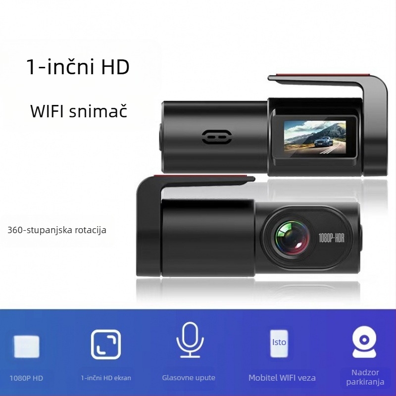 Automobilska dash kamera s 1080p HD noćnim vidom, 170° širokokutni objektiv, Wi‑Fi i slot za TF karticu