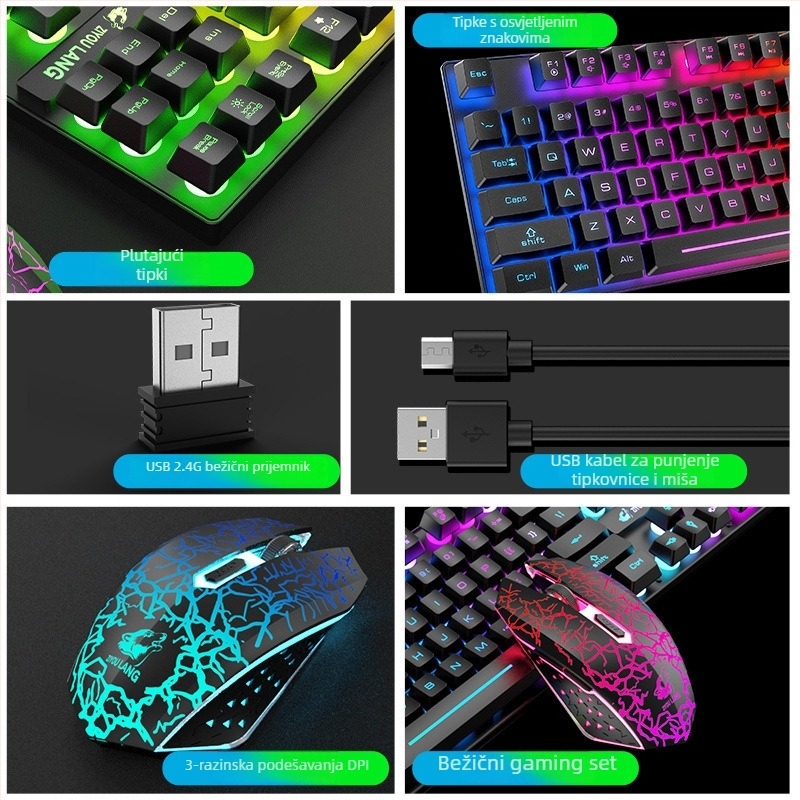 Free Wolf T87 bežični set tipkovnice i miša za eSport — USB tipkovnica i USB miš, optički 1000 DPI, ergonomski dizajn