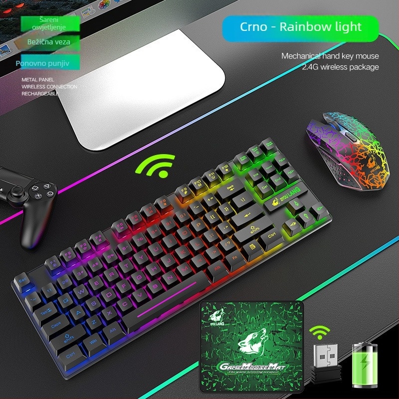 Free Wolf T87 bežični set tipkovnice i miša za eSport — USB tipkovnica i USB miš, optički 1000 DPI, ergonomski dizajn