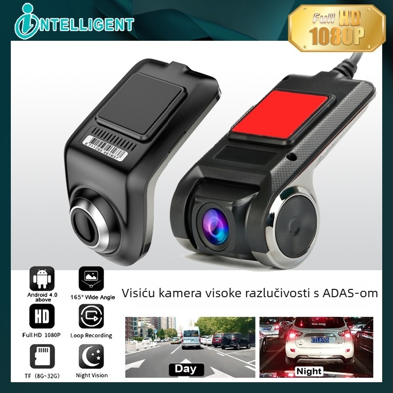 Automobilska dash kamera s ADAS, 720p HD, 170° široki kut, montaža na prednje staklo, 16GB memorija