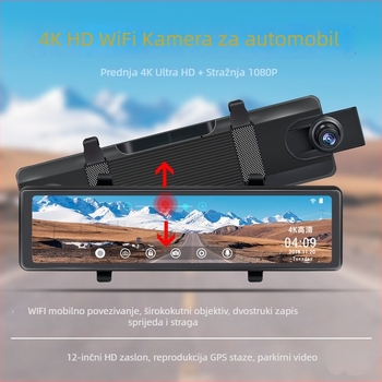 12-inčni dash cam s glasovnim upravljanjem, 4K video, streaming medija, noćni vid, 2.5D jasan zaslon, dvostruko snimanje i prikaz vožnje unazad.