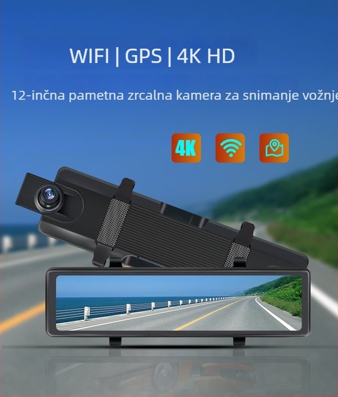 12-inčni dash cam s glasovnim upravljanjem, 4K video, streaming medija, noćni vid, 2.5D jasan zaslon, dvostruko snimanje i prikaz vožnje unazad.