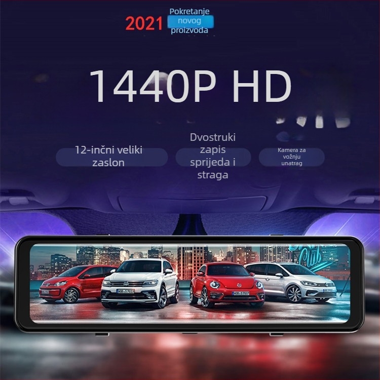 12-inčni dash cam s glasovnim upravljanjem, 4K video, streaming medija, noćni vid, 2.5D jasan zaslon, dvostruko snimanje i prikaz vožnje unazad.