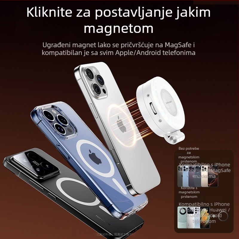 Svjetlosno dopunjenje za fotografiju s magnetskim selfiejem, ugrađeno ogledalo za šminku, kompaktna lampica za mobitel za uživo prijenos — model M28, snaga ispod 10W, ručna uporaba