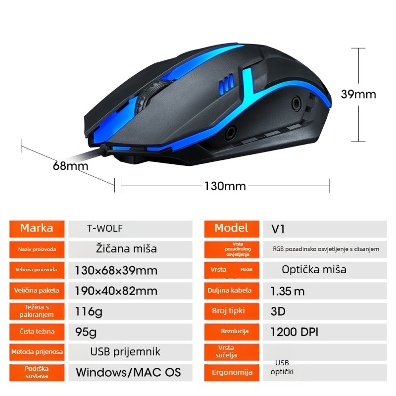 TWOLF V1 žičana gaming miš s LED osvjetljenjem, 3 tipke, 1000dpi, USB, ergonomski dizajn