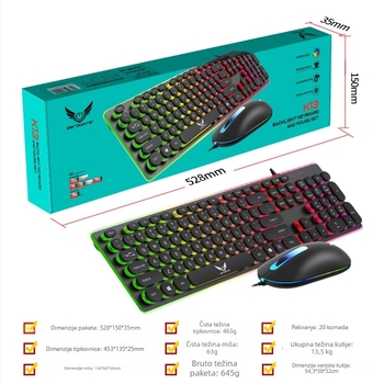 K13 žični USB set tipkovnice i miša s mehaničkim dojmom, pozadinskim osvjetljenjem, 1600 DPI
