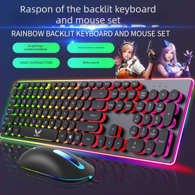 K13 žični USB set tipkovnice i miša s mehaničkim dojmom, pozadinskim osvjetljenjem, 1600 DPI