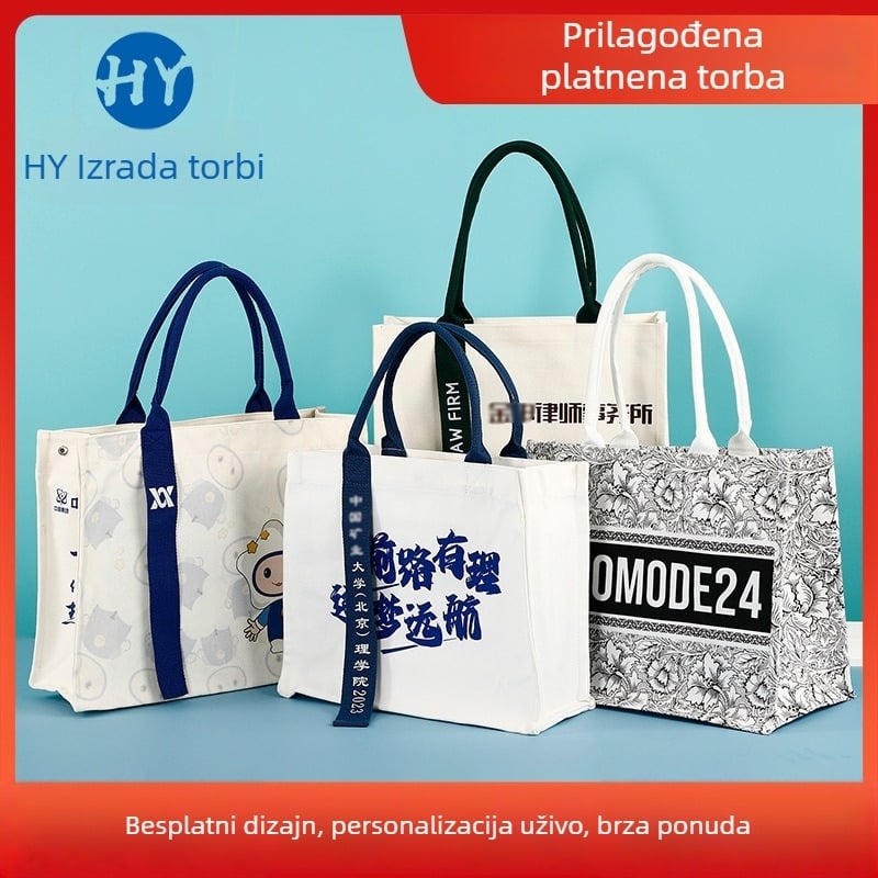 Platnena tote torba s prilagodljivim logom, UV digitalni ispis i sitotisk, s dnom i bočnim stranama, velika zapremina