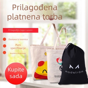 Platnena torba s prilagođenim logom, ekološka torba za studente, stilovi: tote i sklopiva, zatvaranje šnurom, metode tiska: termalni prijenos, sitotisk, laminirani film